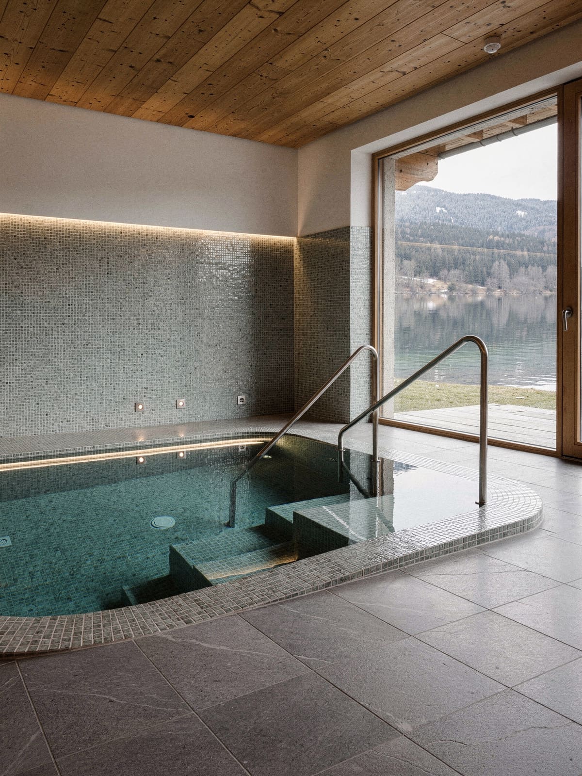 Innenpool mit Mosaikauskleidung und Fensterfront zum See