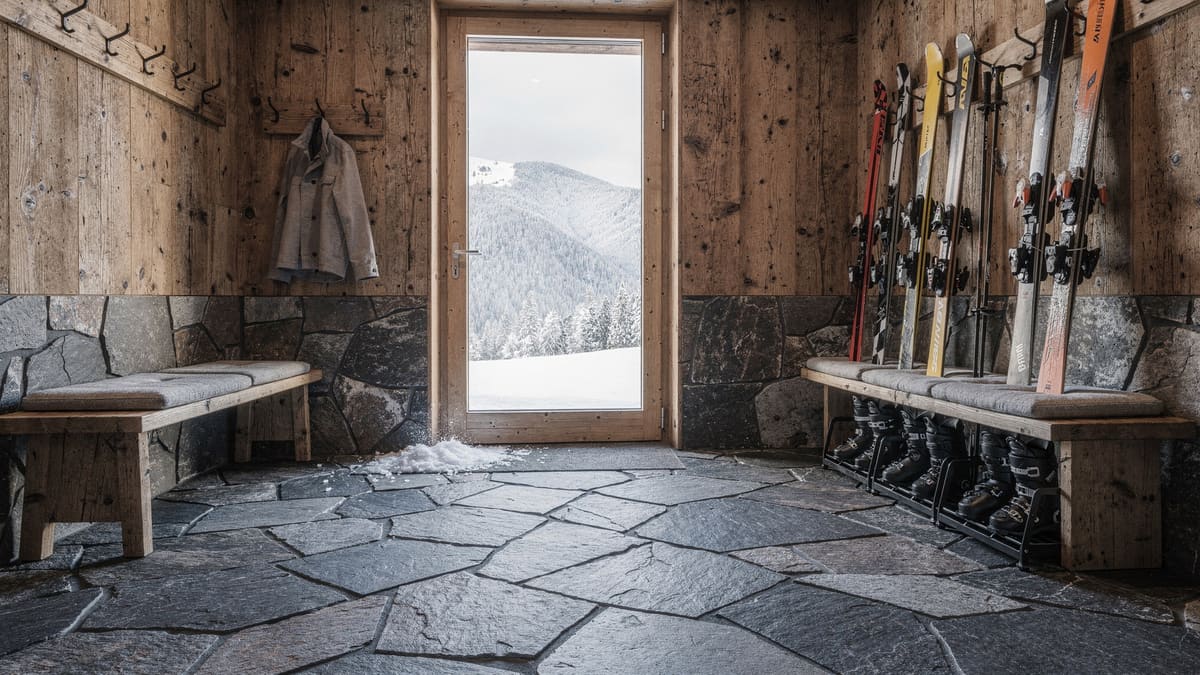 Ski-Eingang mit spaltrauem Schieferboden, Holzbänken und Skiständer