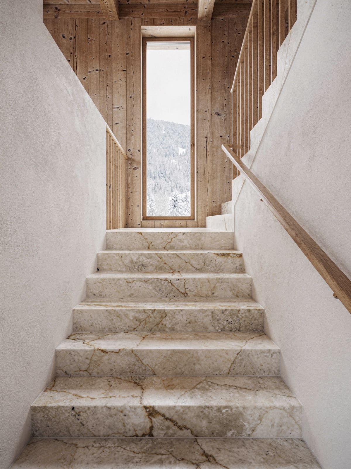 Treppenhaus mit massiven Quarzitstufen und Holzgeländer