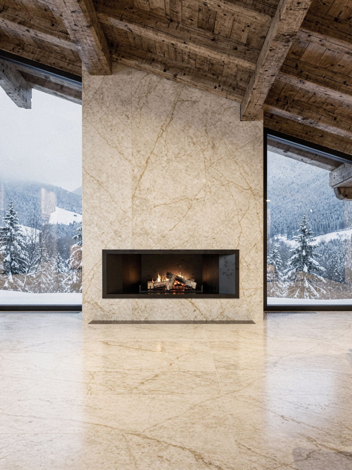 Chalet-Wohnraum mit Kamin, Quarzitboden Taj Mahal und Holzdecke