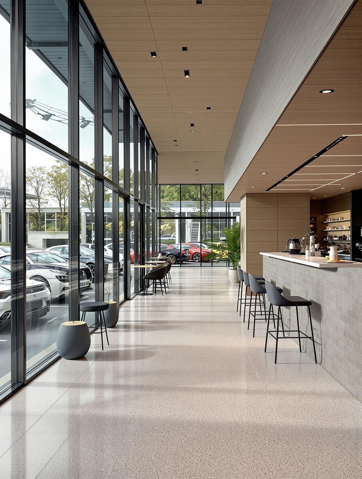 Kundencafé mit Boden in Terrazzo-Optik, Bistrotische vor der Verglasung zum Showroom