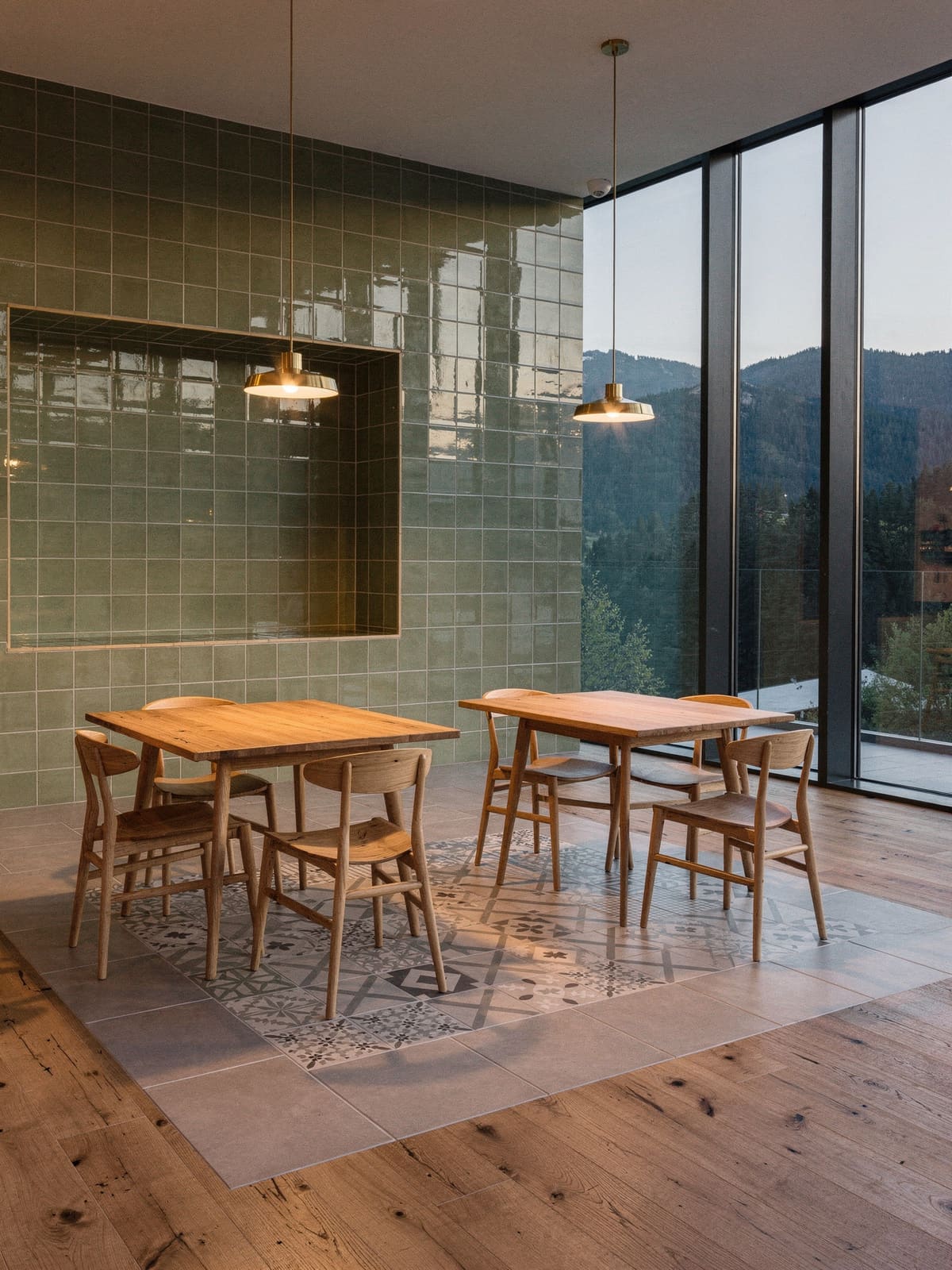Hotelrestaurant mit Zementfliesenteppich in der Raummitte und keramisch verkleideter Wand
