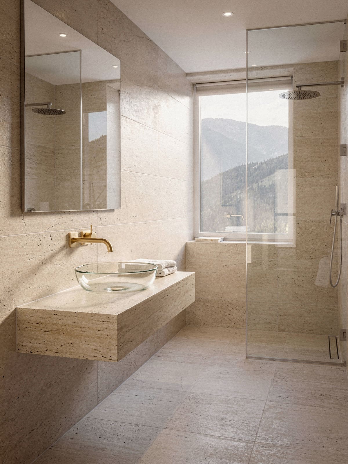 Hotelbad mit großformatigen Steinplatten, bodengleicher Dusche und Glaswaschbecken auf Natursteinkonsole