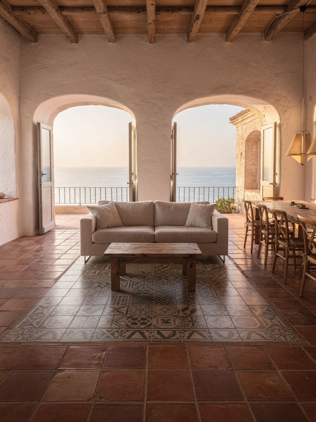 Offener Wohnbereich mit Cottoboden und eingelegtem Zementfliesen-Teppich, Blick zum Meer