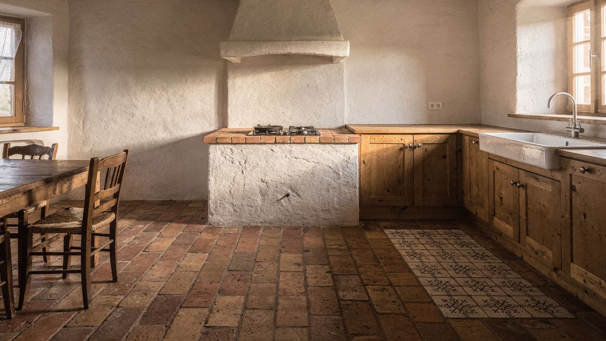 Landhausküche mit historischen Terrakottaplatten, Holzfronten und gemauertem Herdblock