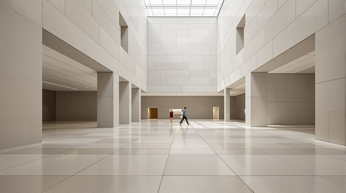 Großzügiges Museumsfoyer mit hellem Naturstein-Großformat, Fugenraster fluchtet mit den Betonstützen