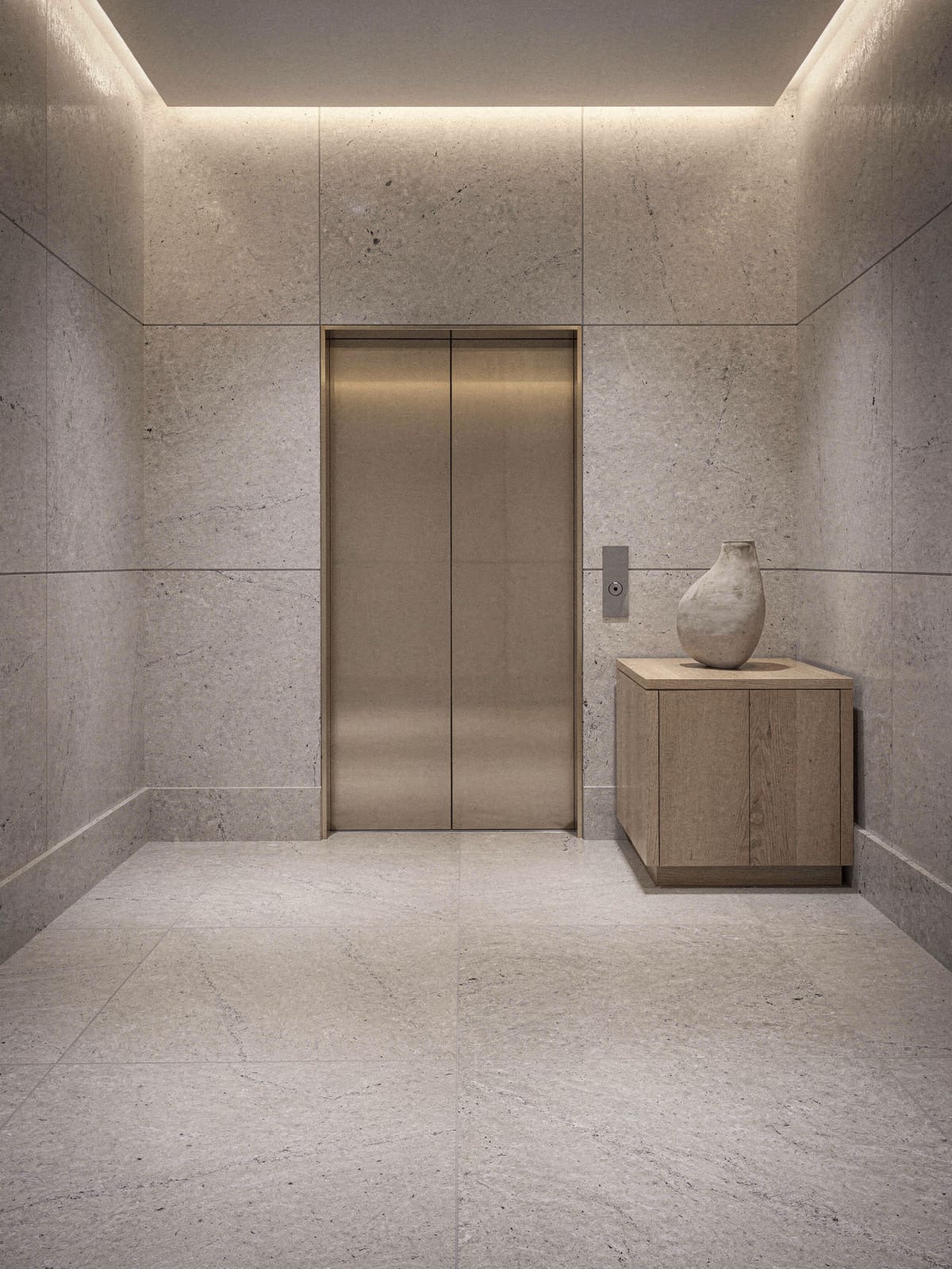 Private Lift-Lobby eines Penthouses mit geschliffenem Natursteinboden und indirekter Beleuchtung