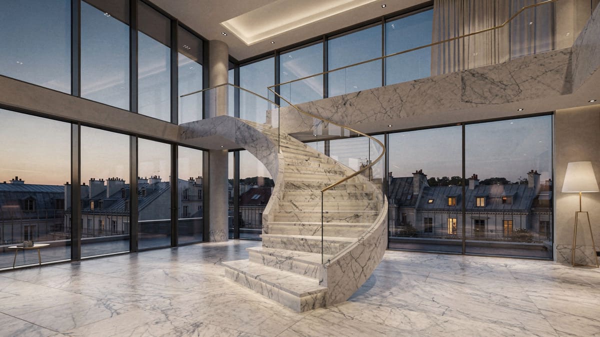 Skulpturale Natursteintreppe in einem Penthouse, Stufen auf Maß gefertigt