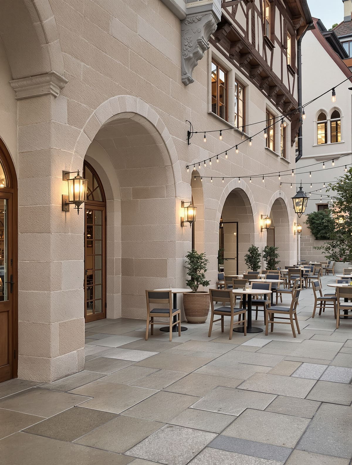 Restaurantterrasse mit großformatigen Outdoorplatten, Tische unter Sonnenschirmen