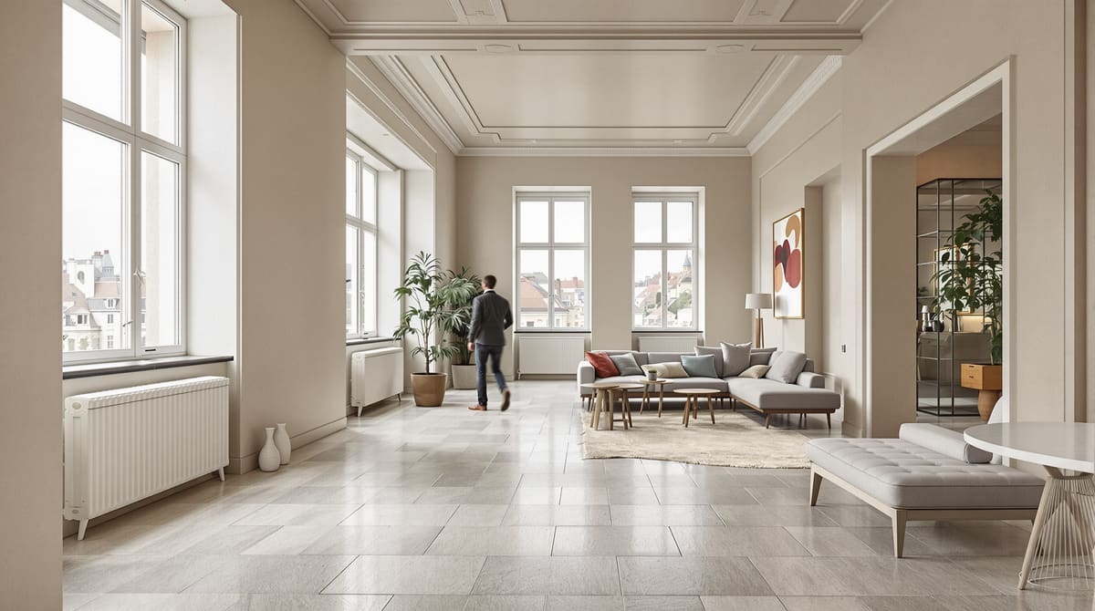 Hoher Altbau-Wohnraum mit großformatigen Kalksteinplatten im Halbverband, Stuckdecke und Kastenfenstern