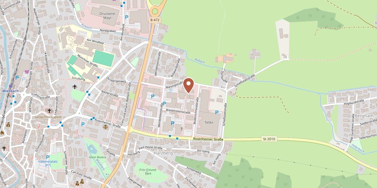 Kartenausschnitt Miesbach mit Markierung des Ausstellungshauses in der Bodenschneidstraße 7